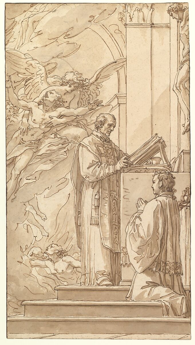 Blessed Francis Venimbeni Celebrating Mass for souls in Purgatory, Giuseppe Cades (Italian, Rome 1750–1799 Rome), Pen and brown ink, brush and brown wash, over black chalk 
