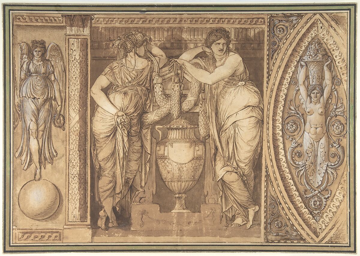 Design for a Frieze with Two Women Flanking an Urn, attributed to Giuseppe Cades (Italian, Rome 1750–1799 Rome), Pen and brown ink, brush and brown wash, highlighted with white, over traces of black chalk 