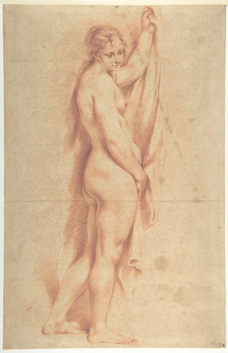 Standing Nude Female Figure (recto); Studies of a Kneeling Nude Female Figure and of a Man's Head (verso), Carlo Cignani (Italian, Bologna 1628–1719 Forlì), Red chalk on beige paper (recto and verso) 