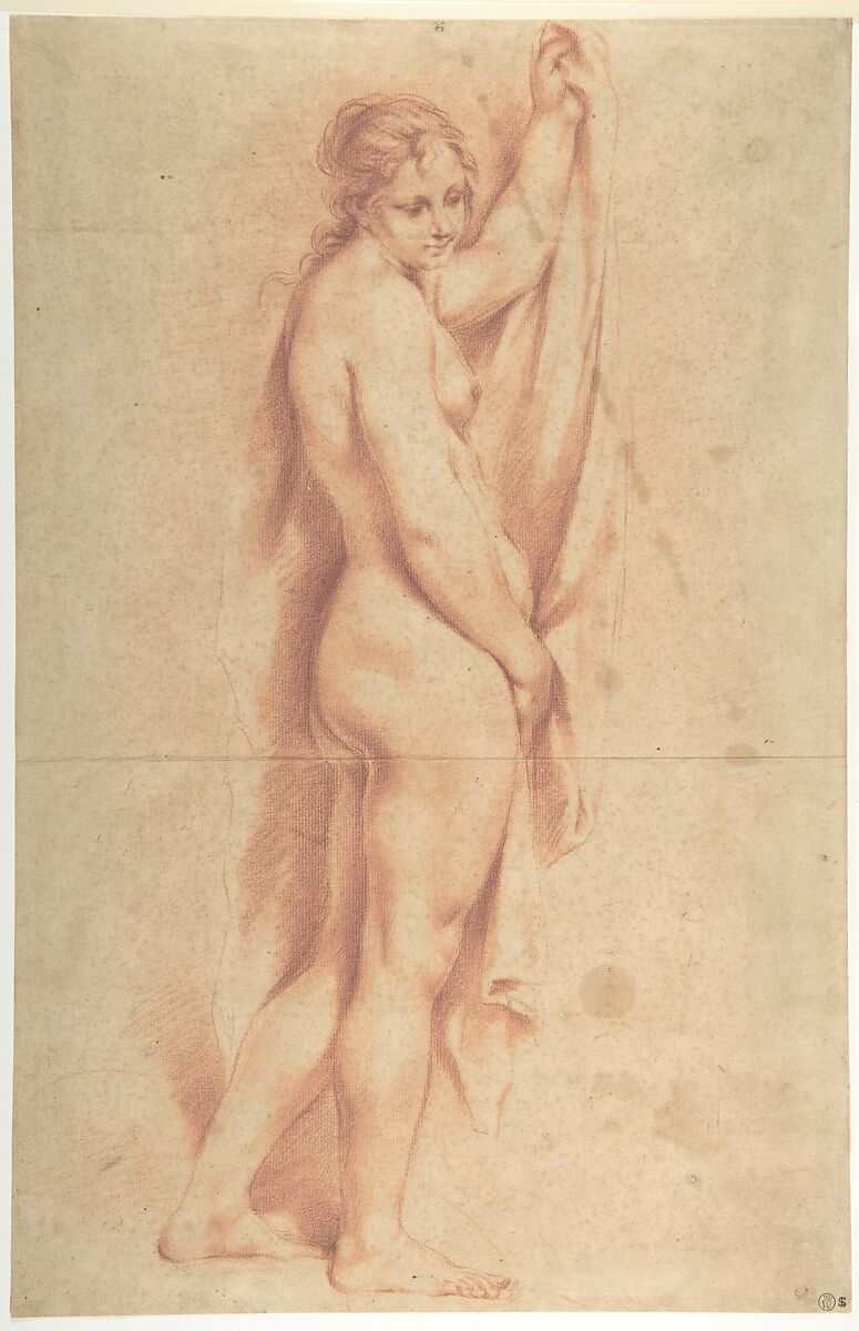 Carlo Cignani, Standing Nude Female Figure (recto); Studies of a Kneeling Nude  Female Figure and of a Man's Head (verso)