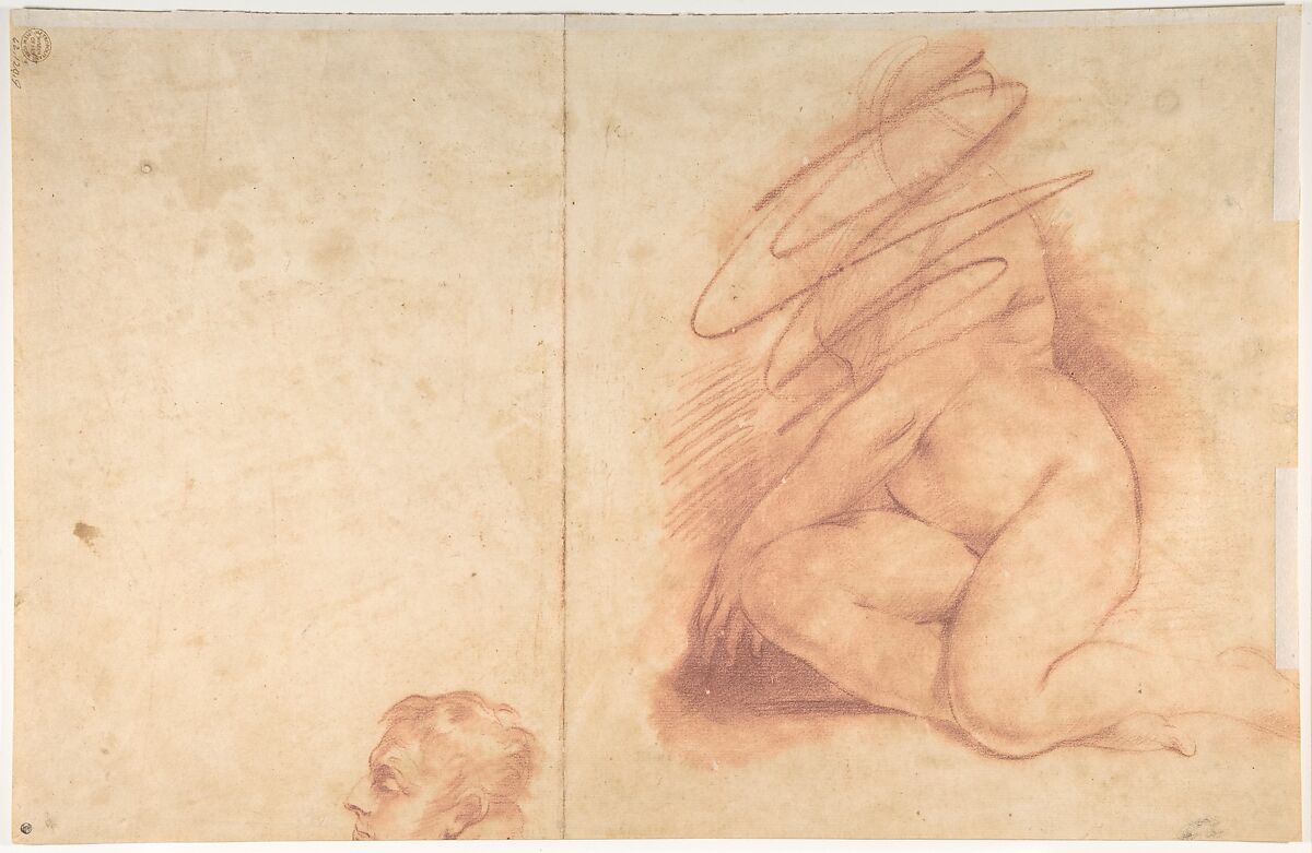 Standing Nude Female Figure (recto); Studies of a Kneeling Nude Female Figure and of a Man's Head (verso), Carlo Cignani (Italian, Bologna 1628–1719 Forlì), Red chalk on beige paper (recto and verso)