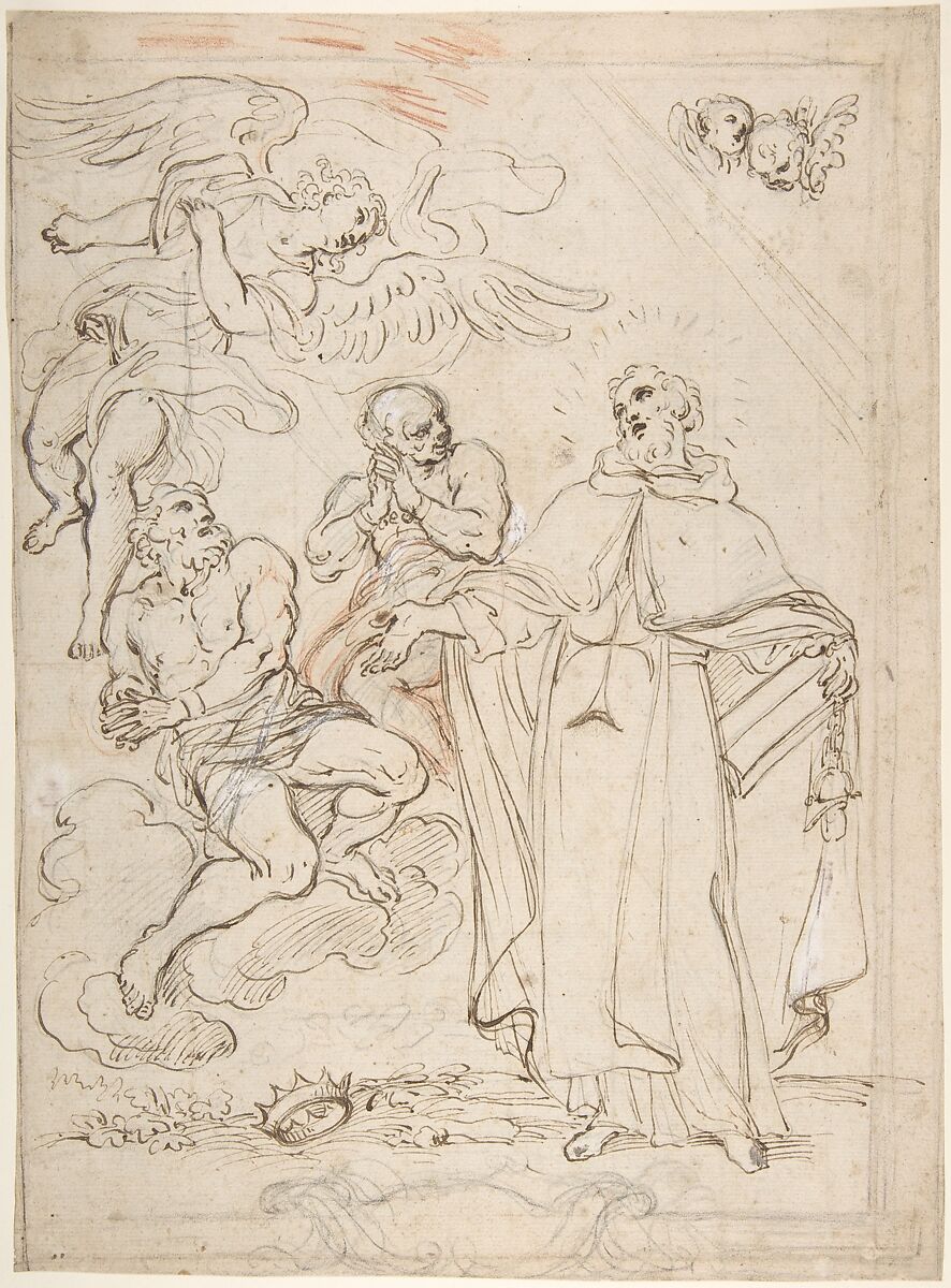 The Vision of Saint John of Matha, Giacinto Calandrucci (Italian, Palermo 1646–1707 Palermo), Pen and brown ink, black and red chalk, some corrections in white 