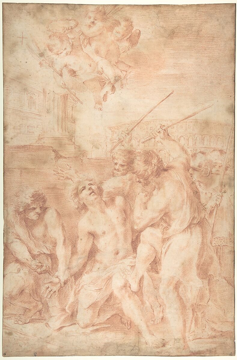 Saint Sebastian Clubbed to Death, Andrea Camassei (Italian, Bevagna, near Foligno 1602–1649 Rome), Red chalk, over some faint traces of black chalk 