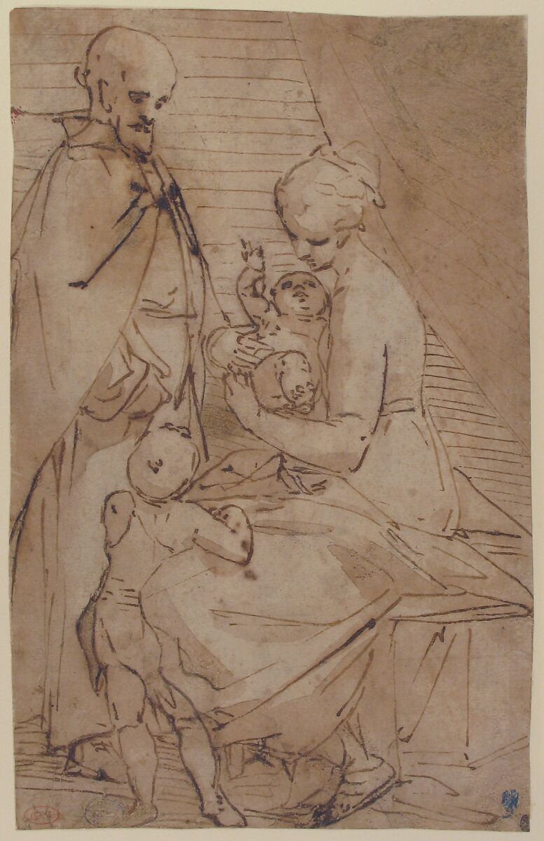 The Holy Family with the Infant Baptist, Luca Cambiaso (Italian, Moneglia 1527–1585 Madrid), Pen and brown ink, brush and brown wash.