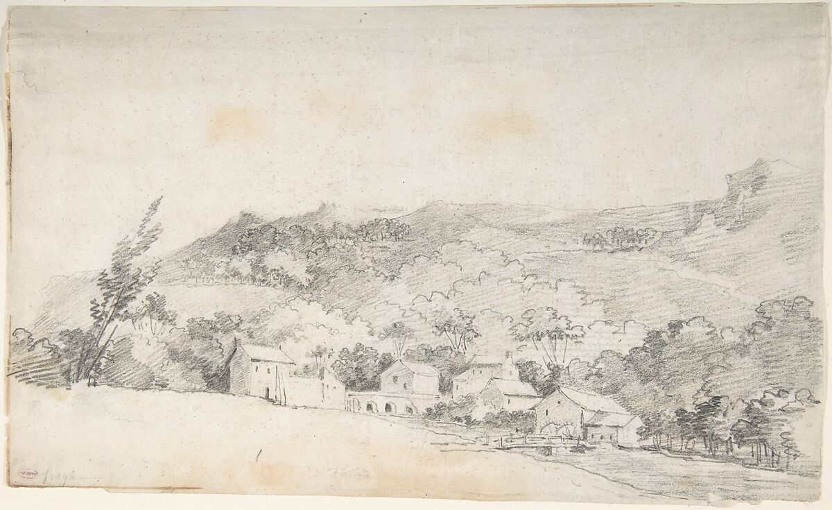 Farm Buildings with Water Mill, Jean Honoré Fragonard (French, Grasse 1732–1806 Paris) (?), Black chalk 