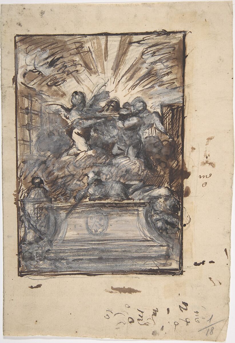 Design for a  Monument, attributed to Gabriel de Saint-Aubin (French, Paris 1724–1780 Paris), Pen and brown ink, brush and brown wash, heightened with white over black chalk 