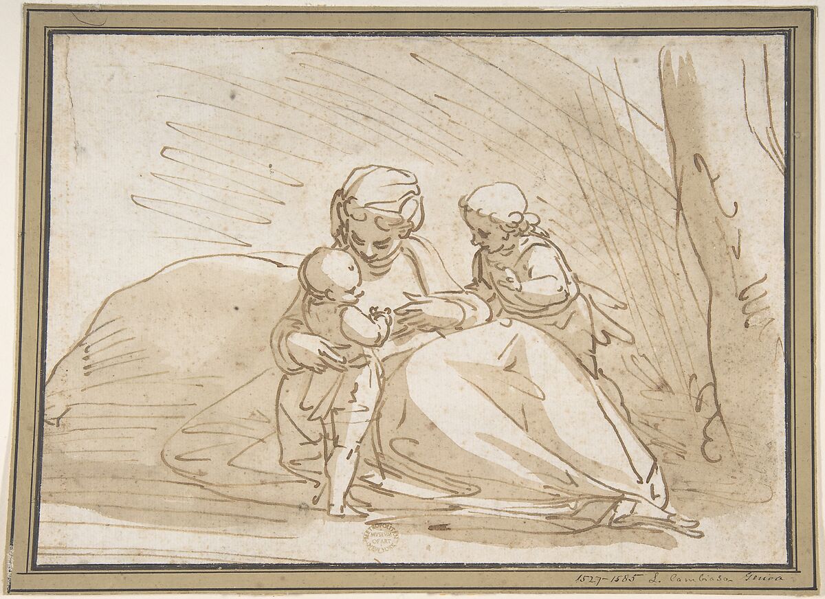 Madonna and Child with the Infant Saint John, Luca Cambiaso (Italian, Moneglia 1527–1585 Madrid), Pen and brown ink, brush and brown wash 