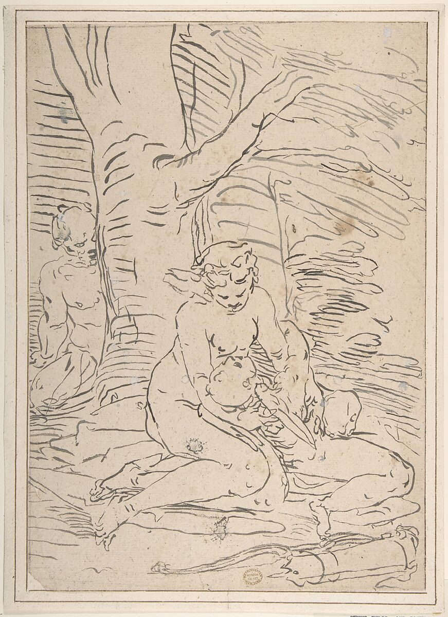 Venus, Cupid and Satyr, After Luca Cambiaso (Italian, Moneglia 1527–1585 Madrid), Brush and ink 