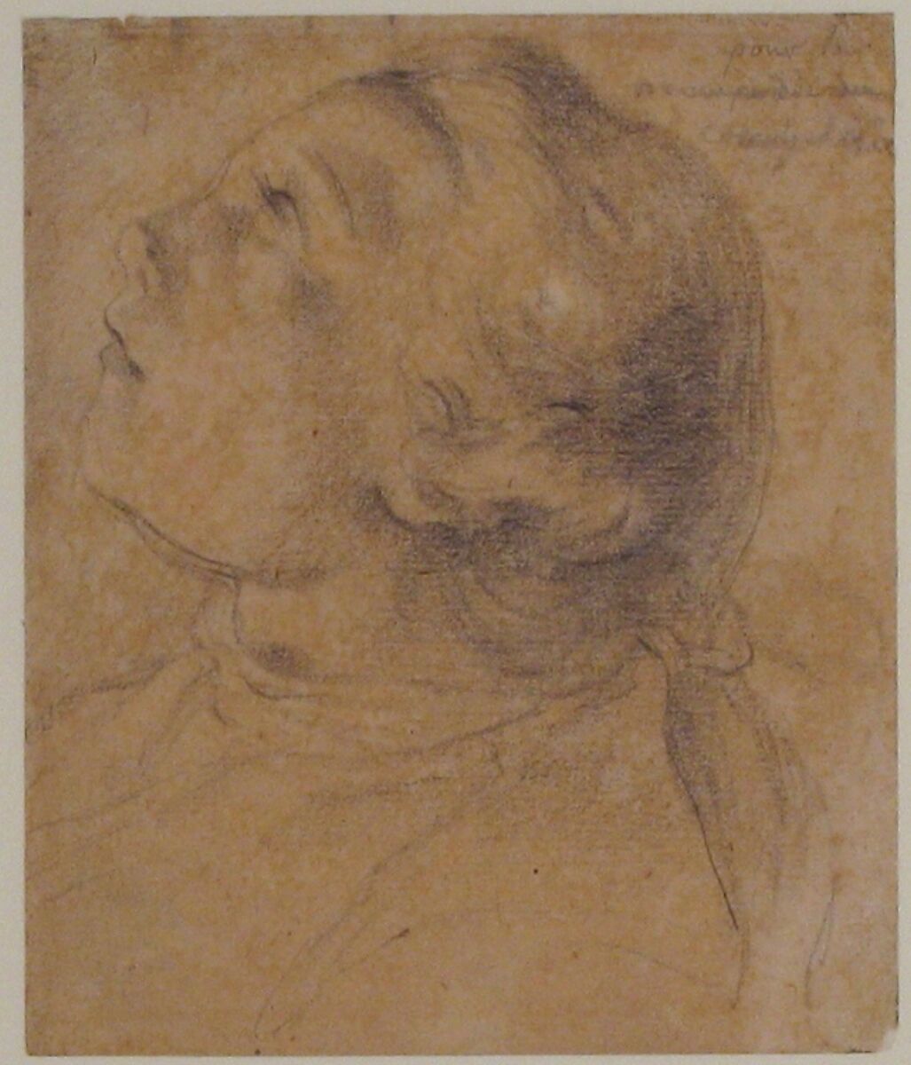 The Upturned Head of a Young Boy in Profile, Attributed to Gabriel de Saint-Aubin (French, Paris 1724–1780 Paris), Black chalk, heightened with white on gray paper
