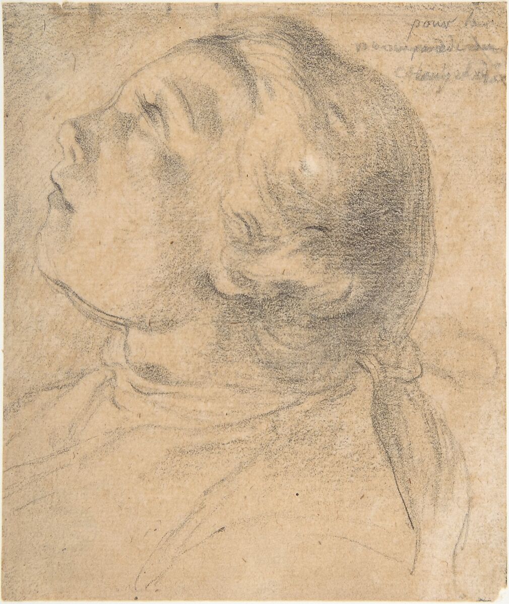 The Upturned Head of a Young Boy in Profile, Attributed to Gabriel de Saint-Aubin (French, Paris 1724–1780 Paris), Black chalk, heightened with white on gray paper 