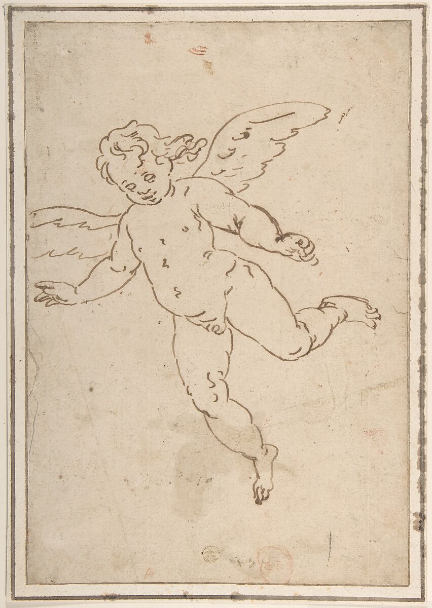 Cupid Flying, After Luca Cambiaso (Italian, Moneglia 1527–1585 Madrid), Brush and brown ink 