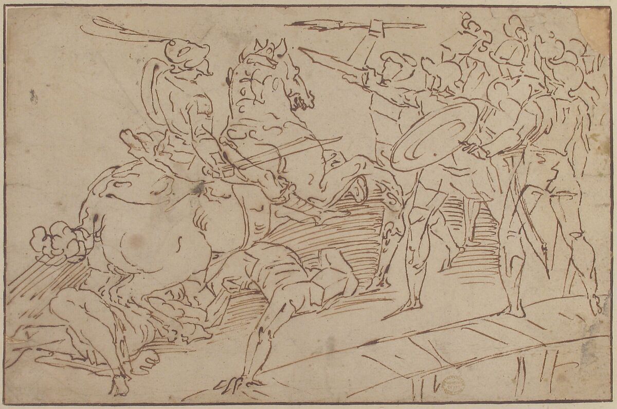 Horatius Cocles Defending the Bridge, After Luca Cambiaso (Italian, Moneglia 1527–1585 Madrid), Pen and brown ink