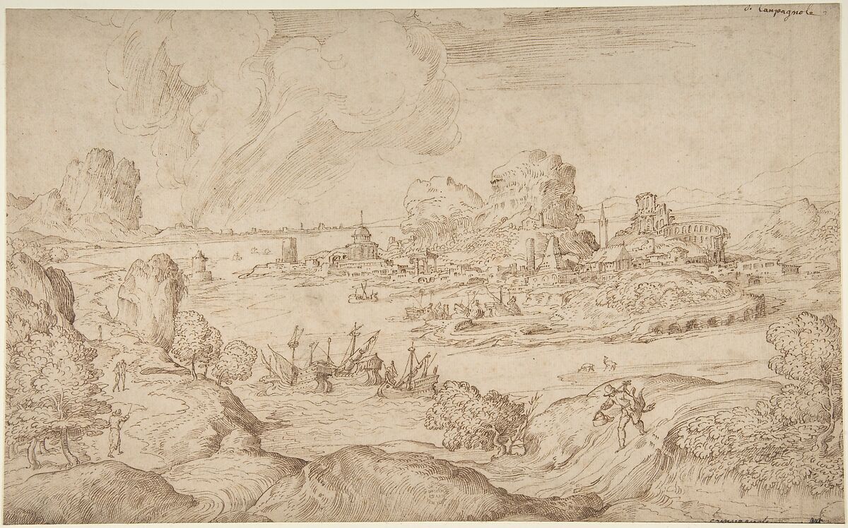 Imaginary Coastal Landscape with Ruins, Domenico Campagnola (Italian, Venice (?) 1500–1564 Padua) ?, Pen and brown ink 