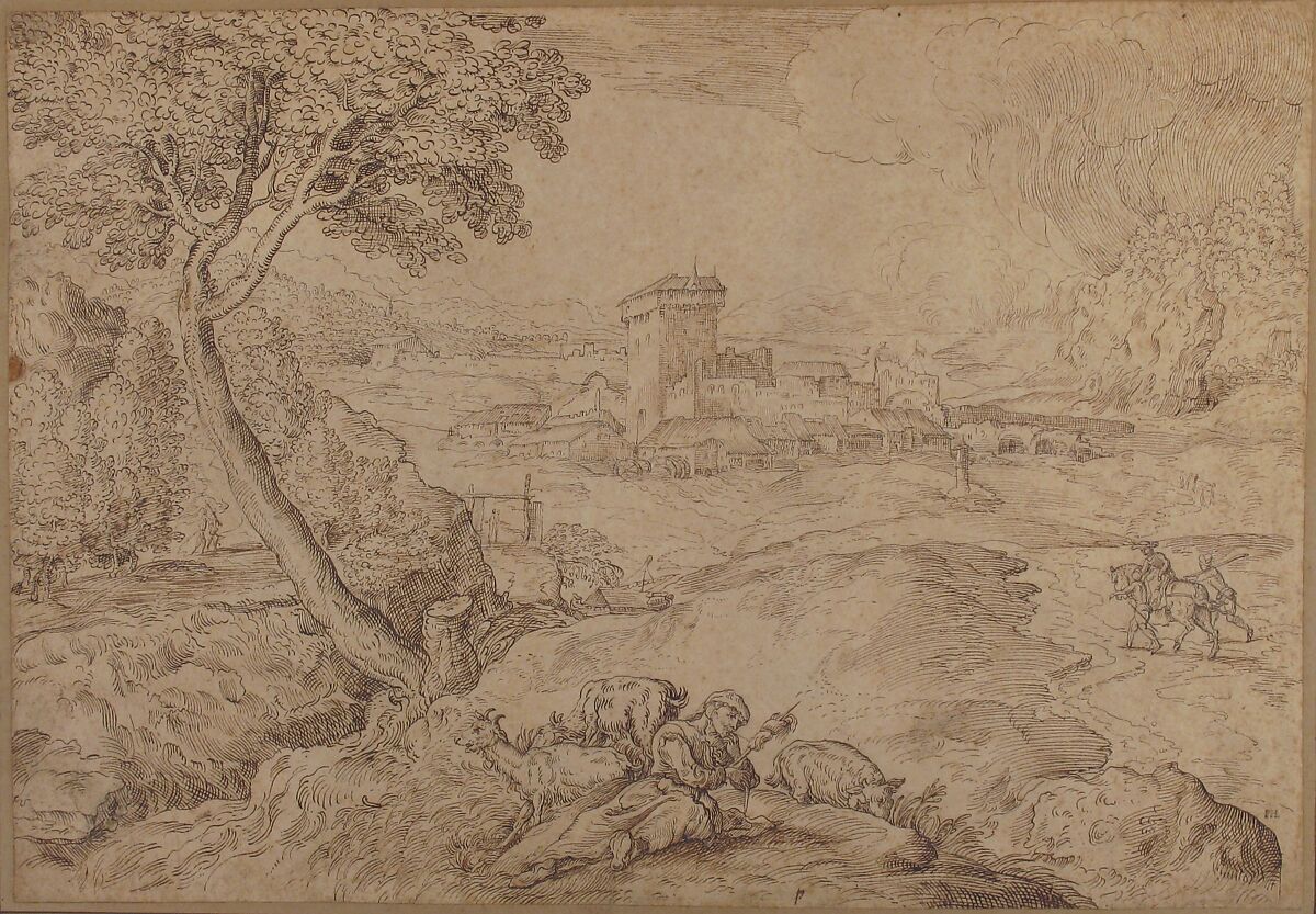 Landscape with an Old Woman Holding a Spindle, Domenico Campagnola (Italian, Venice (?) 1500–1564 Padua), Pen and brown ink