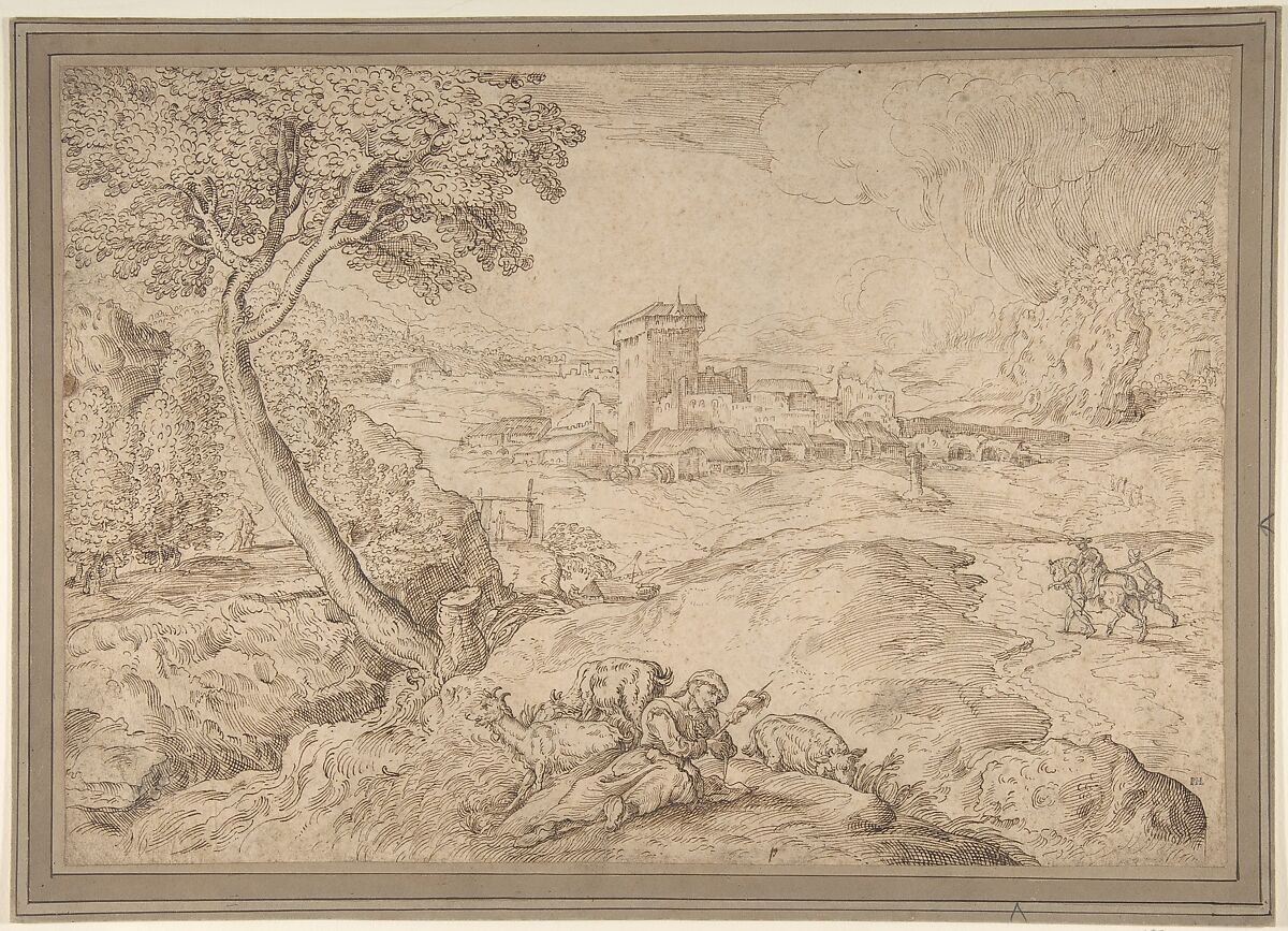 Landscape with an Old Woman Holding a Spindle, Domenico Campagnola (Italian, Venice (?) 1500–1564 Padua), Pen and brown ink 