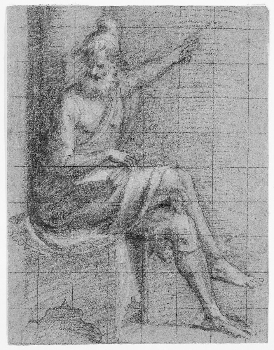 Bearded  Old Man Seated with Left Arm Extented, Bernardino Campi (Italian, Cremona 1522–1591 Reggio Emilia), Black chalk, highlighted with white, on blue-gray paper; squared in black chalk