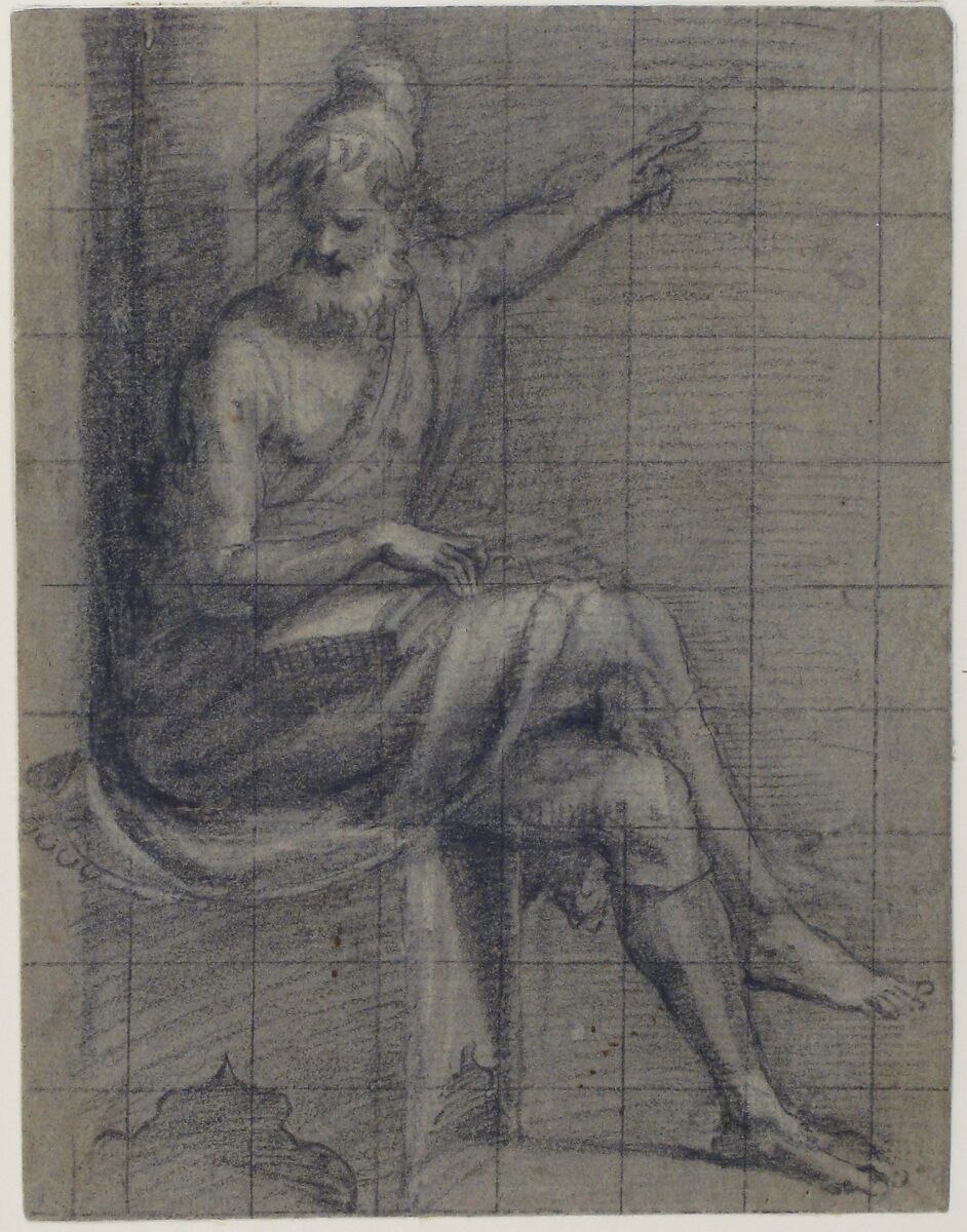 Bearded  Old Man Seated with Left Arm Extented, Bernardino Campi (Italian, Cremona 1522–1591 Reggio Emilia), Black chalk, highlighted with white, on blue-gray paper; squared in black chalk