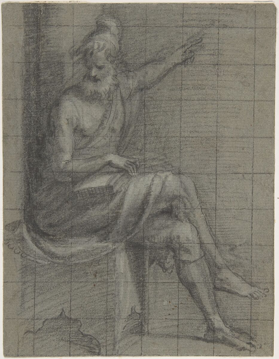 Bearded  Old Man Seated with Left Arm Extented, Bernardino Campi (Italian, Cremona 1522–1591 Reggio Emilia), Black chalk, highlighted with white, on blue-gray paper; squared in black chalk 