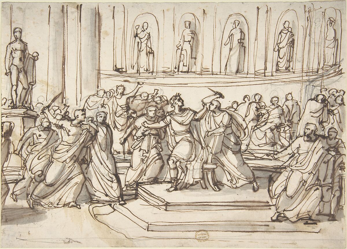 Assassination of Julius Caesar, Vincenzo Camuccini (Italian, Rome 1771–1844 Rome), Pen and brown ink with brush and gray wash over graphite 