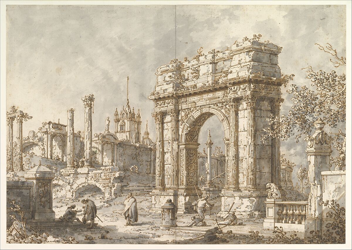 Capriccio with a Roman Triumphal Arch, Canaletto (Giovanni Antonio Canal) (Italian, Venice 1697–1768 Venice), Pen and brown ink, brush and gray wash, over traces of leadpoint or graphite 