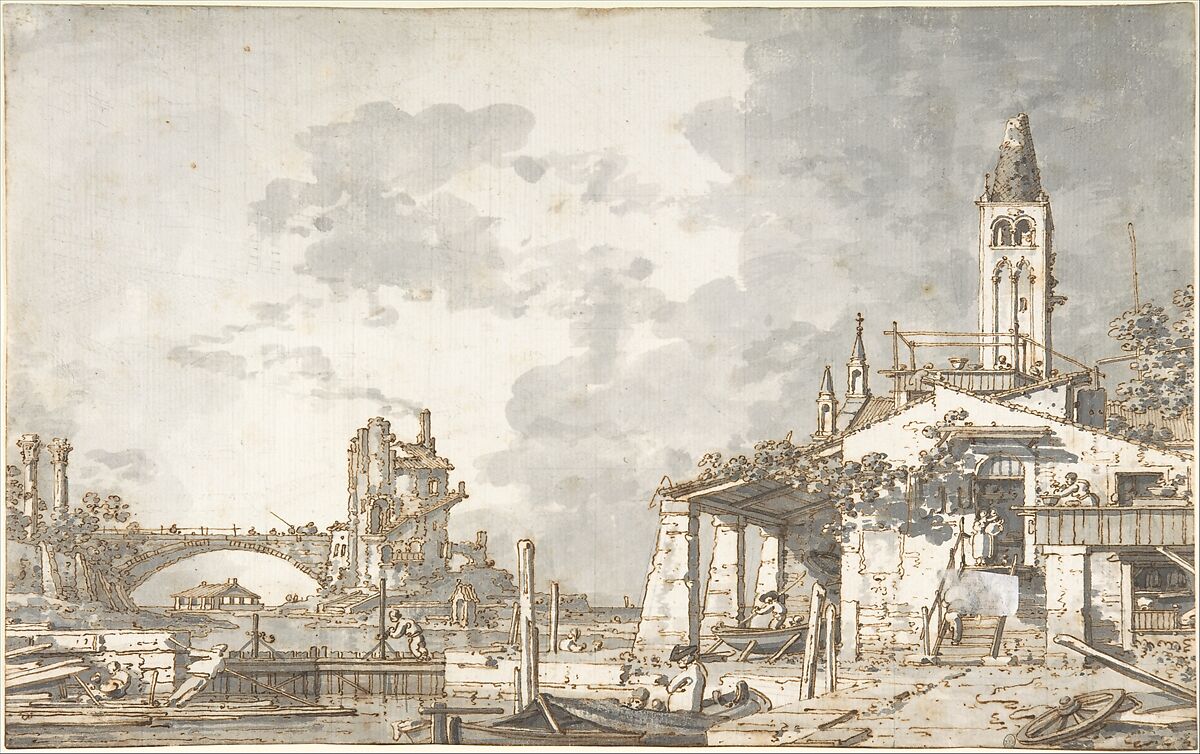 Lagoon Capriccio (recto); Architectural Scene (verso), Canaletto (Giovanni Antonio Canal)  Italian, Pen and brown ink, brush and gray wash, over traces of lead or graphite (recto). Squared in lead or graphite. Faint traces of a constructed outline drawing of an architectural scene, in lead or graphite; faint traces of a constructed outline drawing of buildings along a Venetian canal in lead or graphite (verso)