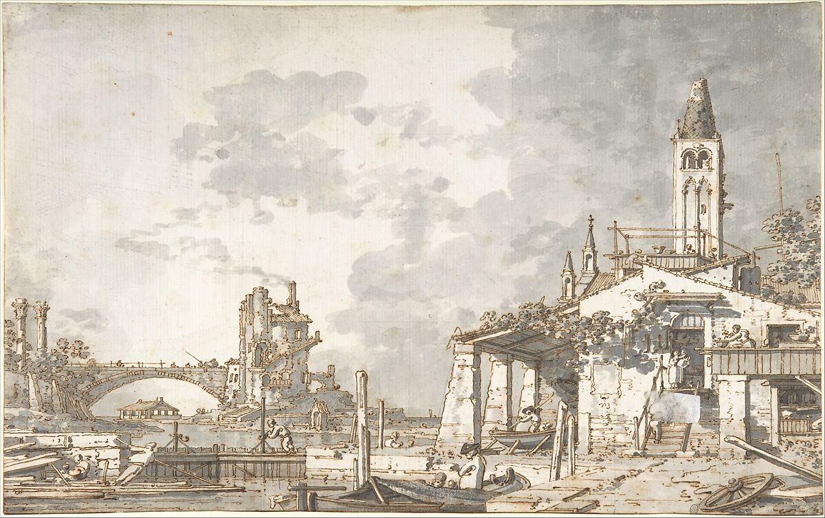 Lagoon Capriccio (recto); Architectural Scene (verso), Canaletto (Giovanni Antonio Canal) (Italian, Venice 1697–1768 Venice), Pen and brown ink, brush and gray wash, over traces of lead or graphite (recto). Squared in lead or graphite. Faint traces of a constructed outline drawing of an architectural scene, in lead or graphite; faint traces of a constructed outline drawing of buildings along a Venetian canal in lead or graphite (verso) 