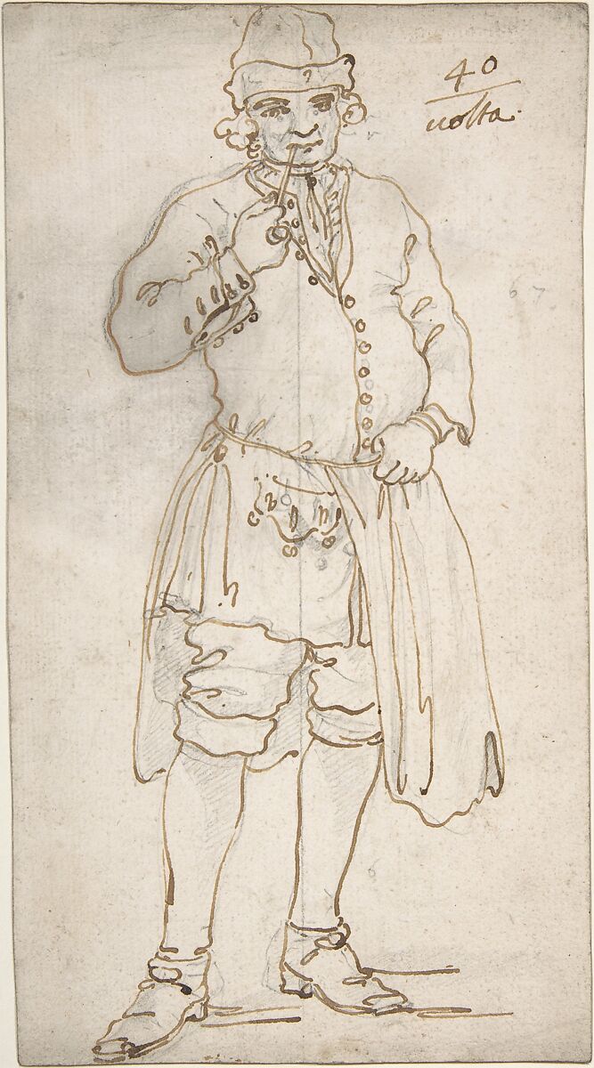 Man Smoking a Pipe (recto); Standing Man and Two Studies of His Head (verso), Canaletto (Giovanni Antonio Canal) (Italian, Venice 1697–1768 Venice), Pen and brown ink, over traces of lead or graphite (recto); vertical ruled line in lead or graphite at center, standing men and study of profile head in pen and brown ink, over traces of graphite or lead; study of head in graphite (verso) 