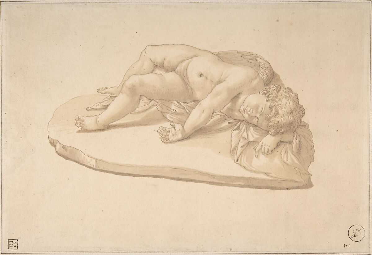 Copy after a Sculpture of the Sleeping Eros Based on an Antique Model (from Cassiano dal Pozzo's 'Paper Museum'), Giovanni Angelo Canini (Italian, Rome ca. 1609-17–1666 Rome), Pen and brown ink, brush and brown wash; framing lines in pen and brown ink 