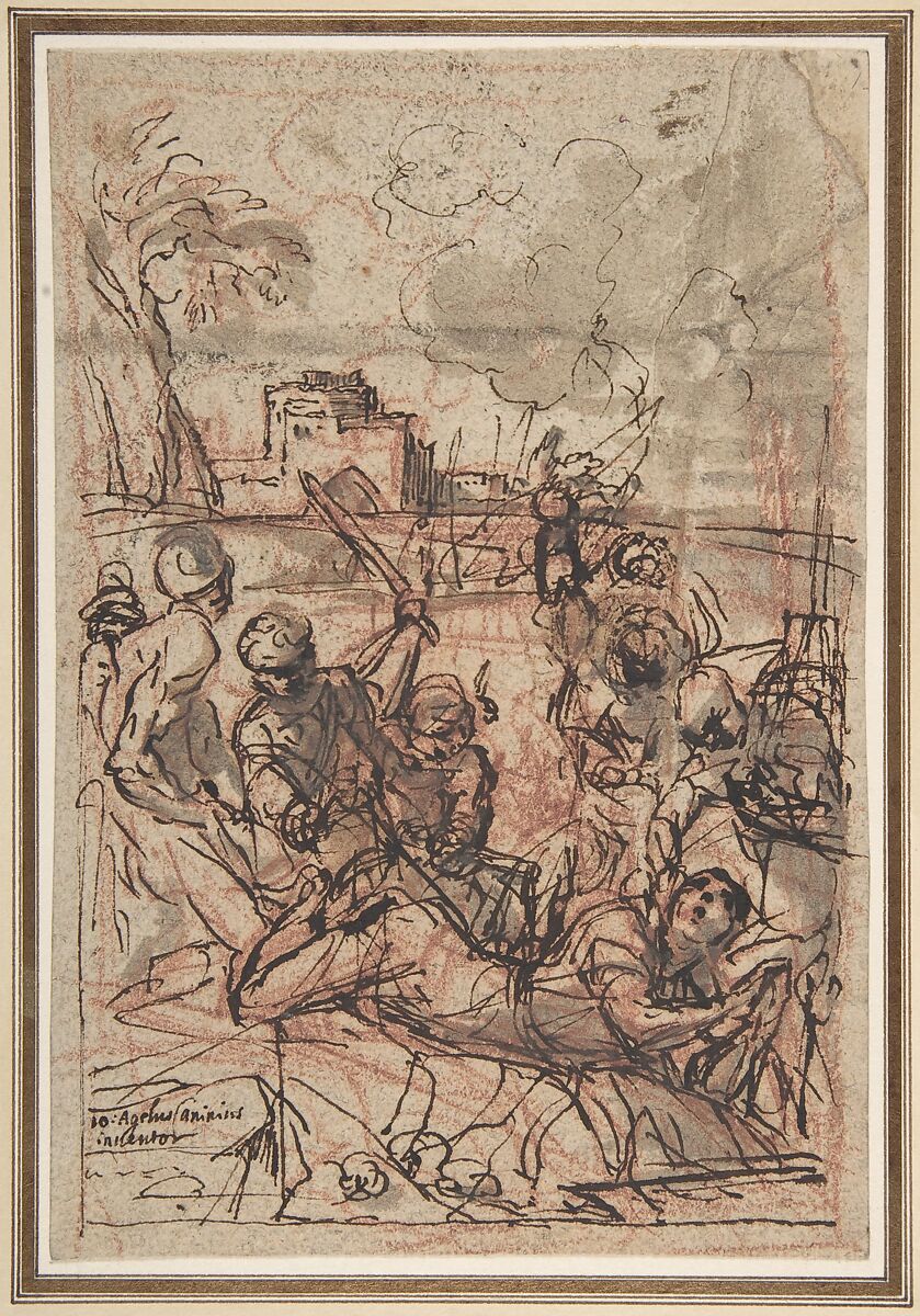 Scene of Martyrdom, Giovanni Angelo Canini (Italian, Rome ca. 1609-17–1666 Rome), Pen and brown ink, brush and gray-brown wash, over red chalk (recto); illegible red chalk notations (verso) 