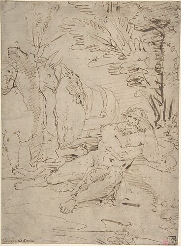 Unidentified Subject:  Reclining Nude Male Figure and Cattle