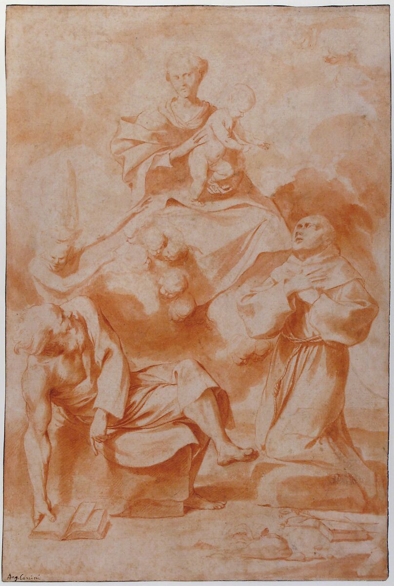 The Virgin and Child Appearing to Saint Anthony of Padua and a Hermit, Giovanni Angelo Canini (Italian, Rome ca. 1609-17–1666 Rome), Red chalk, brush and red wash