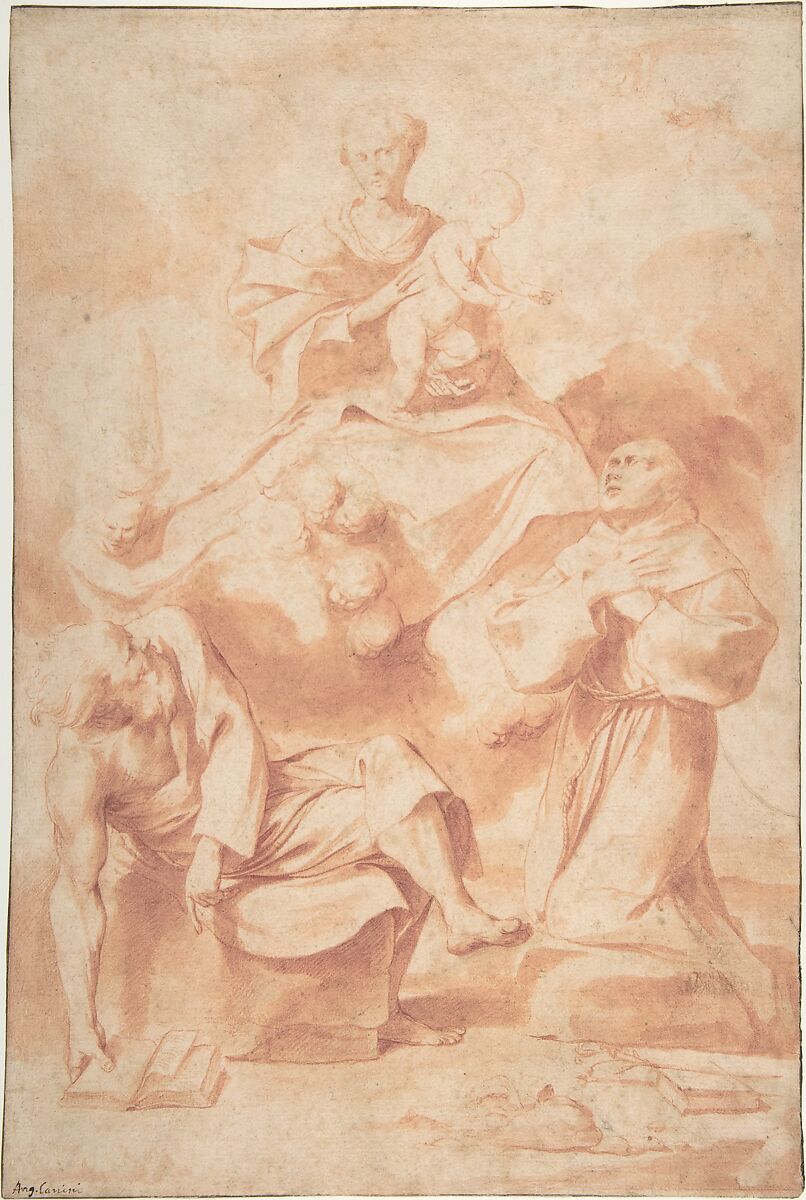 The Virgin and Child Appearing to Saint Anthony of Padua and a Hermit, Giovanni Angelo Canini (Italian, Rome ca. 1609-17–1666 Rome), Red chalk, brush and red wash 