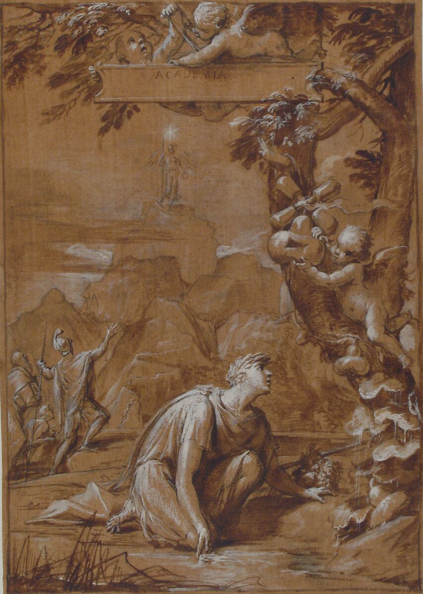 Design for a Frontispiece; Allegorical Composition with a Young Man Kneeling before a Tree, Giovanni Angelo Canini (Italian, Rome ca. 1609-17–1666 Rome), Pen and brown ink, brush and brown wash, highlighted with white, over black chalk, on brown-washed paper