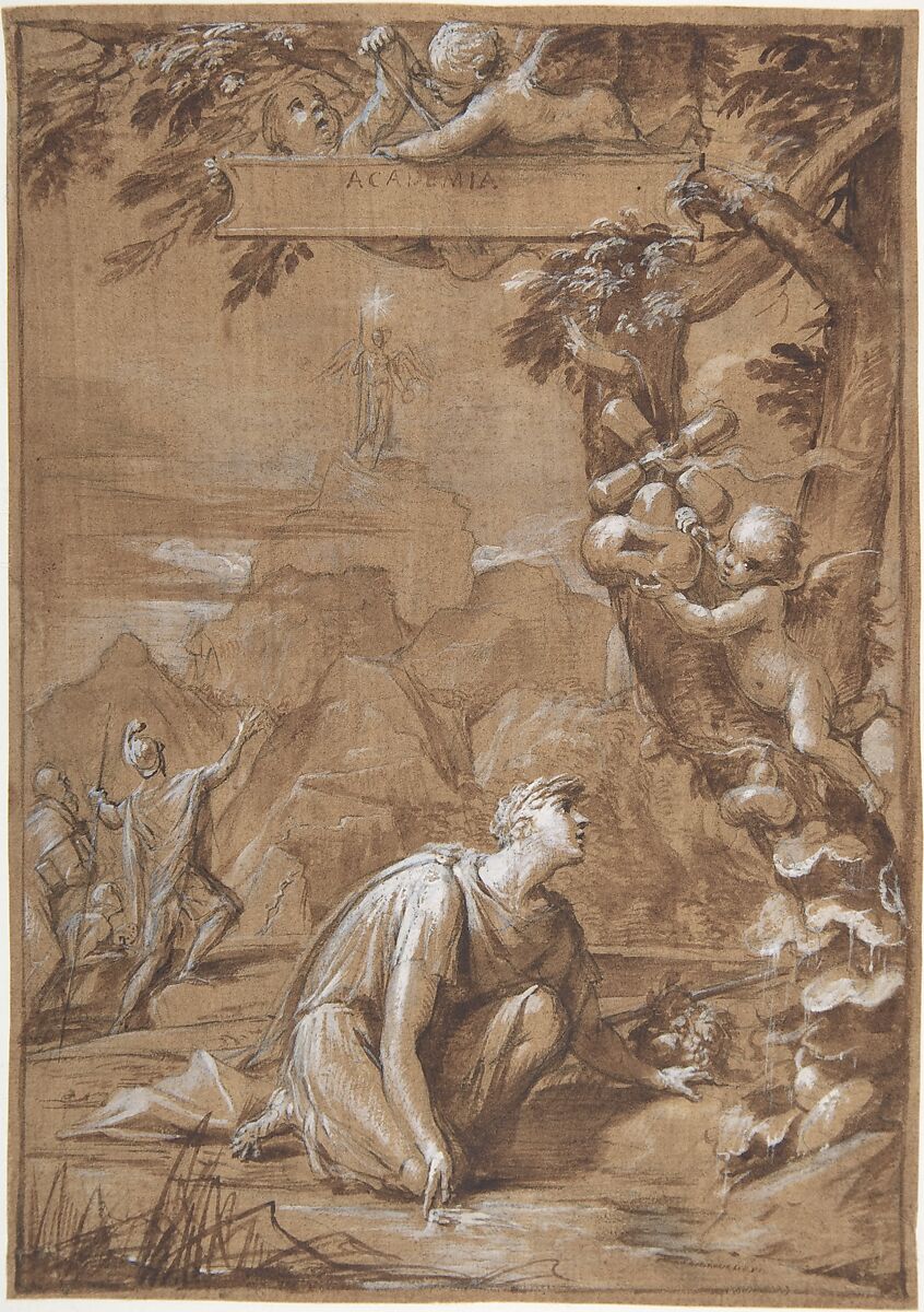 Design for a Frontispiece; Allegorical Composition with a Young Man Kneeling before a Tree, Giovanni Angelo Canini (Italian, Rome ca. 1609-17–1666 Rome), Pen and brown ink, brush and brown wash, highlighted with white, over black chalk, on brown-washed paper 