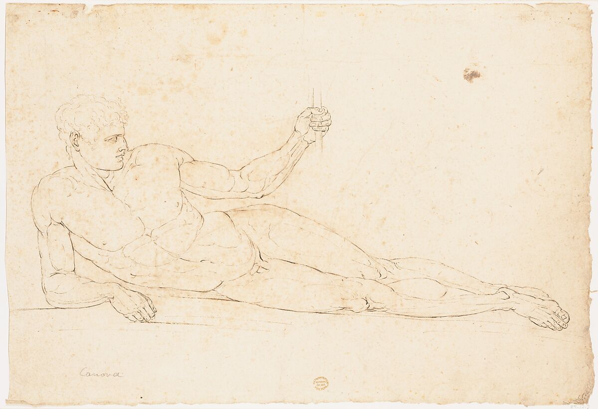 Nude Man Reclining (recto); Man Facing Left with Out-stretched Arms (verso), Anonymous, Italian, early 19th century, Pen and brown ink 