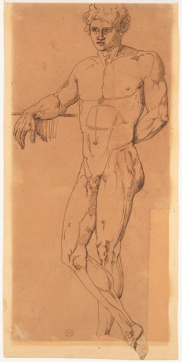 Standing Male Nude, Anonymous, Italian, early 19th century, Pen and brown ink on tracing paper 