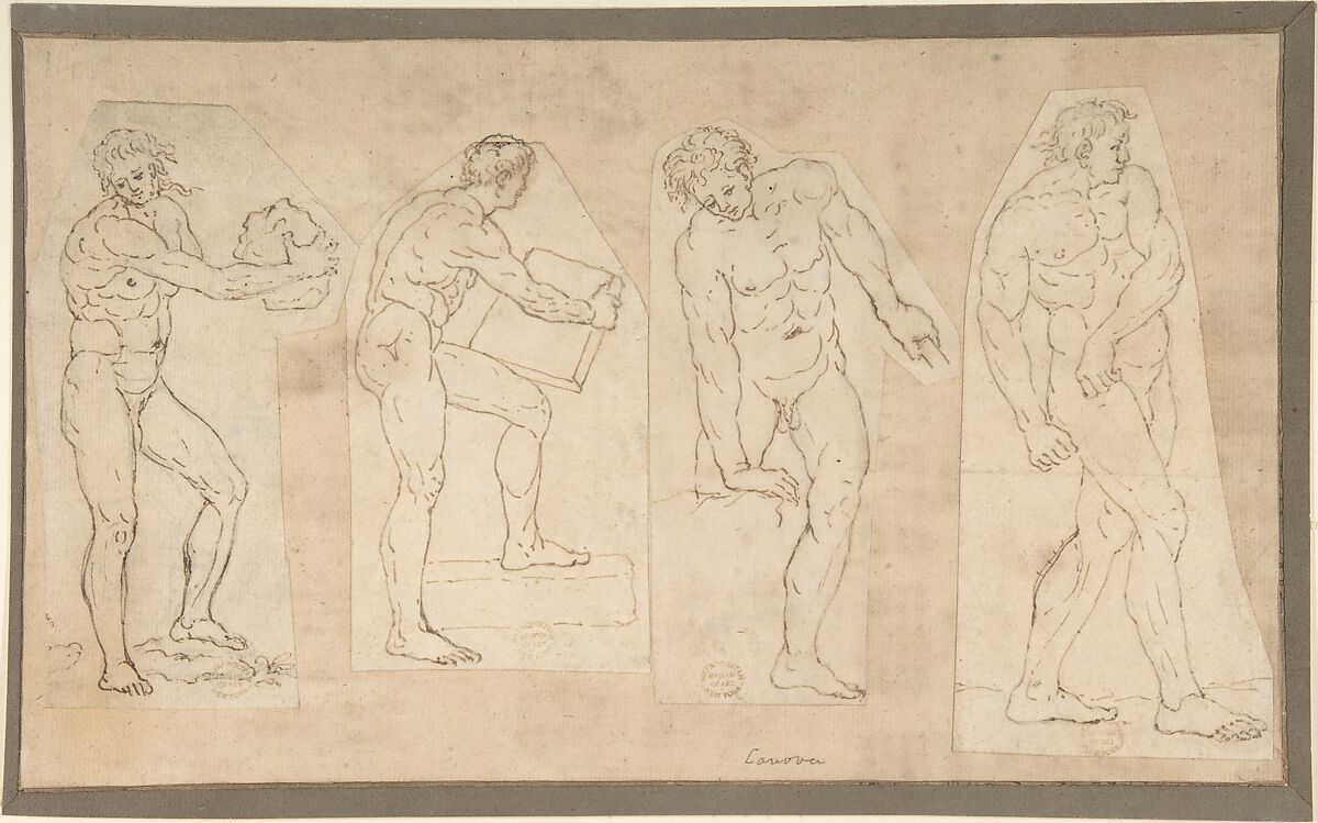 Four Studies of Nude Men, Anonymous, Italian, early 19th century, Pen and brown ink.  Mounted on a card 