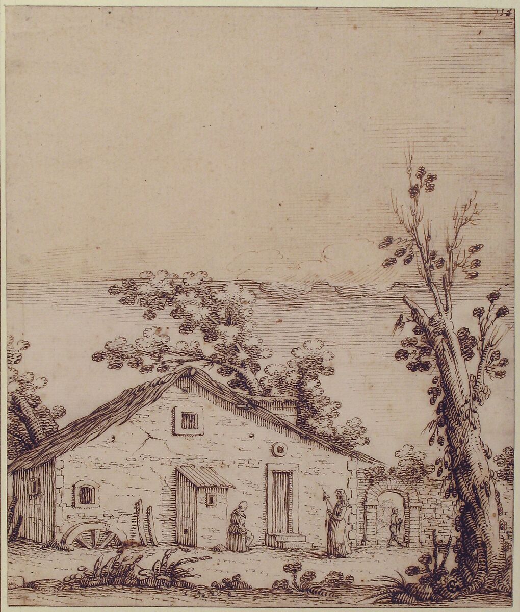 Three Figures by a Rustic Dwelling, Remigio Cantagallina (Italian, Borgo Sansepolcro ca. 1582–1656 Florence), Pen and brown ink, over traces of black chalk