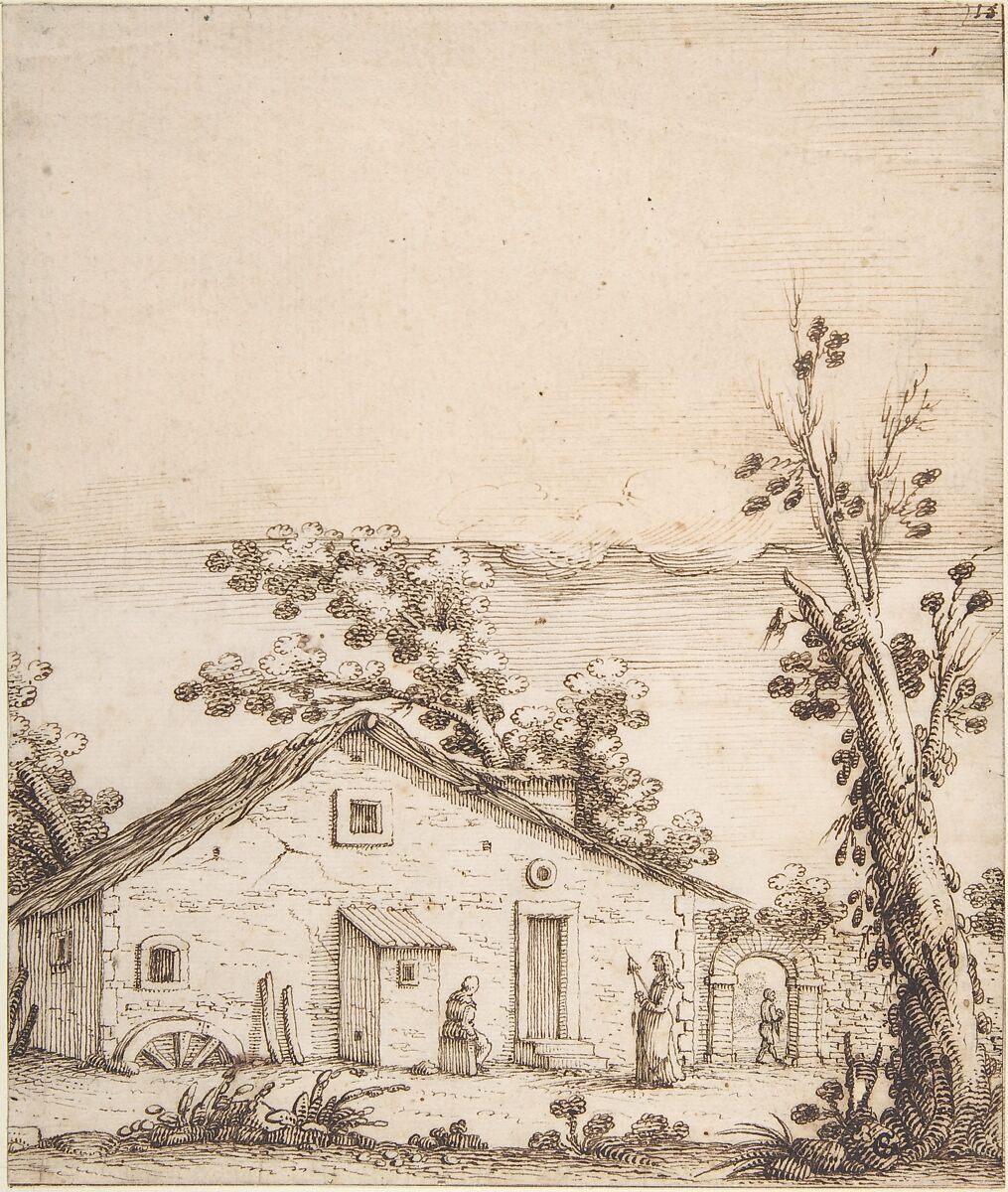 Three Figures by a Rustic Dwelling, Remigio Cantagallina (Italian, Borgo Sansepolcro ca. 1582–1656 Florence), Pen and brown ink, over traces of black chalk 