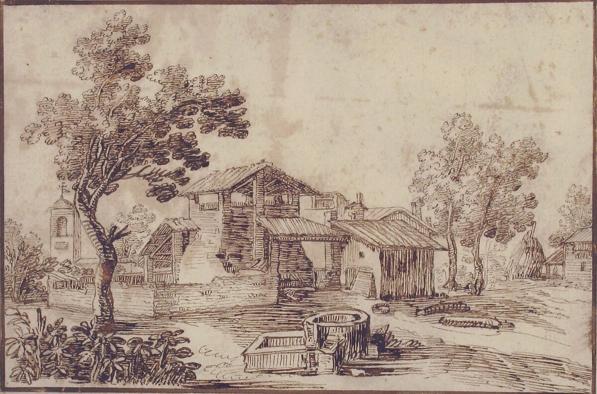 Landscape with a Farm House and a Bell Tower, Remigio Cantagallina (Italian, Borgo Sansepolcro ca. 1582–1656 Florence), Pen and brown ink.