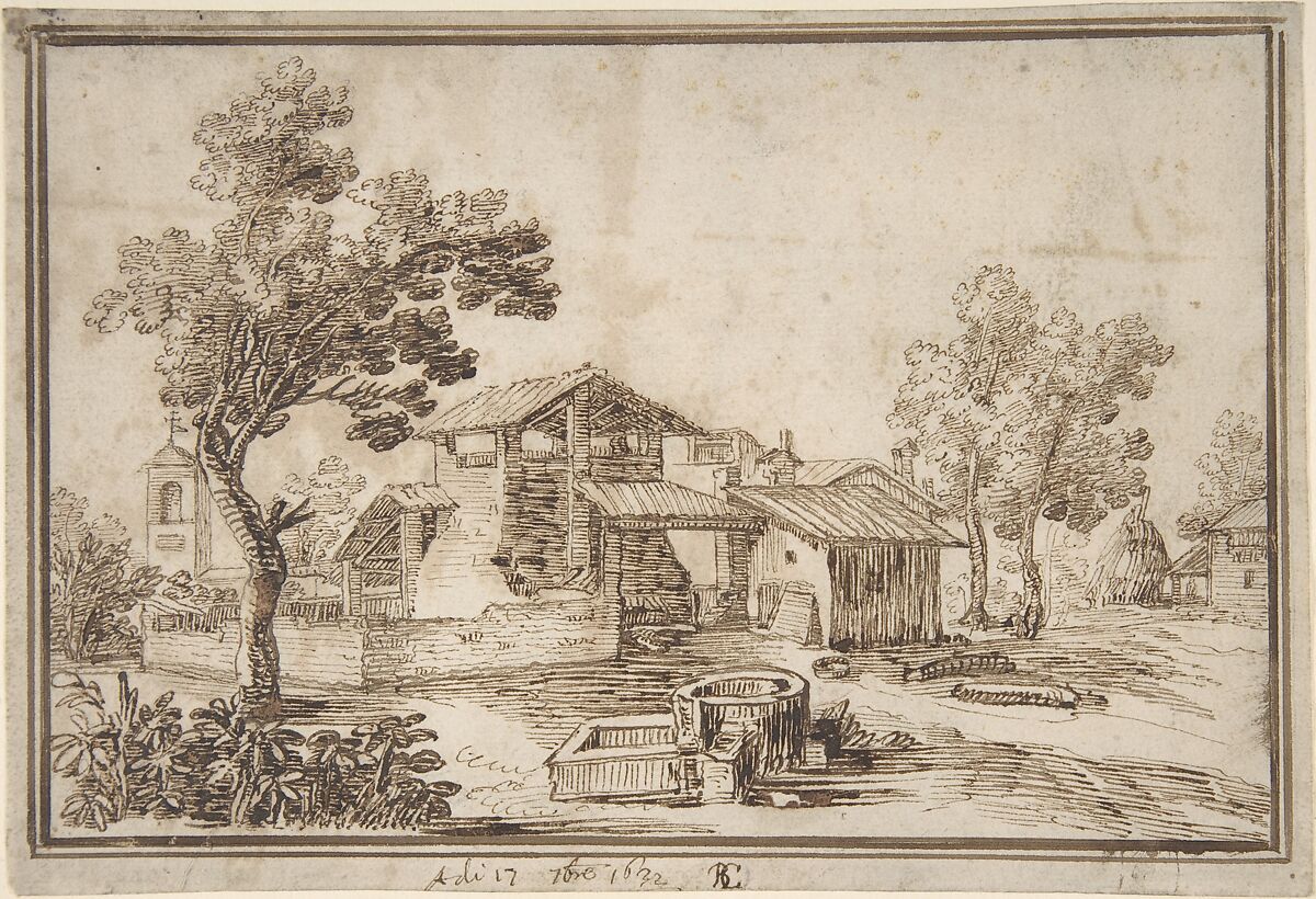 Landscape with a Farm House and a Bell Tower, Remigio Cantagallina (Italian, Borgo Sansepolcro ca. 1582–1656 Florence), Pen and brown ink. 