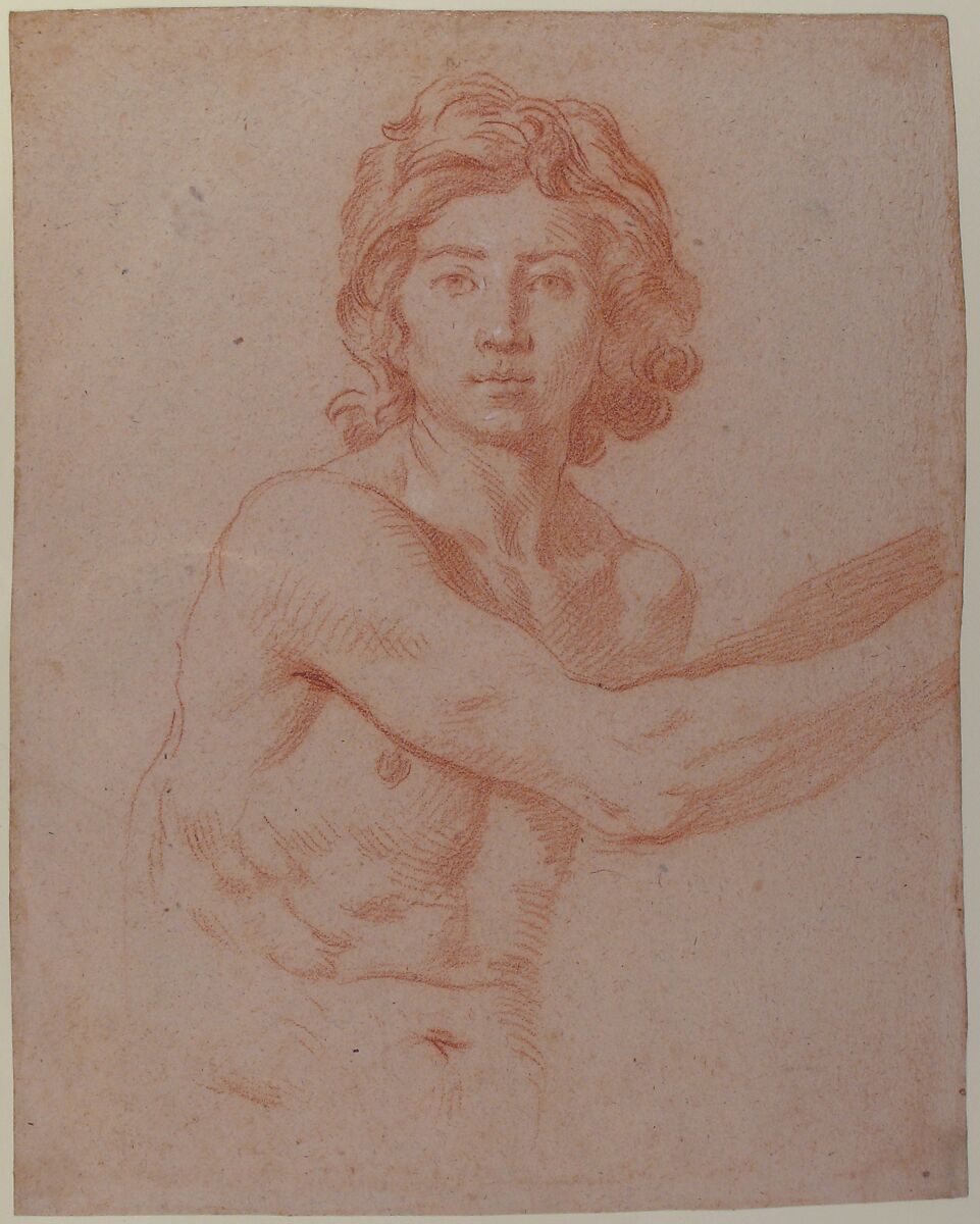 Half-Figure of a Youth with His Right Arm Raised, Simone Cantarini (Italian, Pesaro 1612–1648 Verona), Red chalk, a few white highlights, on beige paper