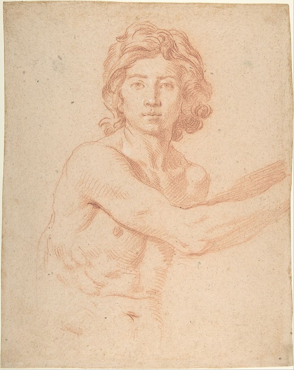 Half-Figure of a Youth with His Right Arm Raised, Simone Cantarini (Italian, Pesaro 1612–1648 Verona), Red chalk, a few white highlights, on beige paper 