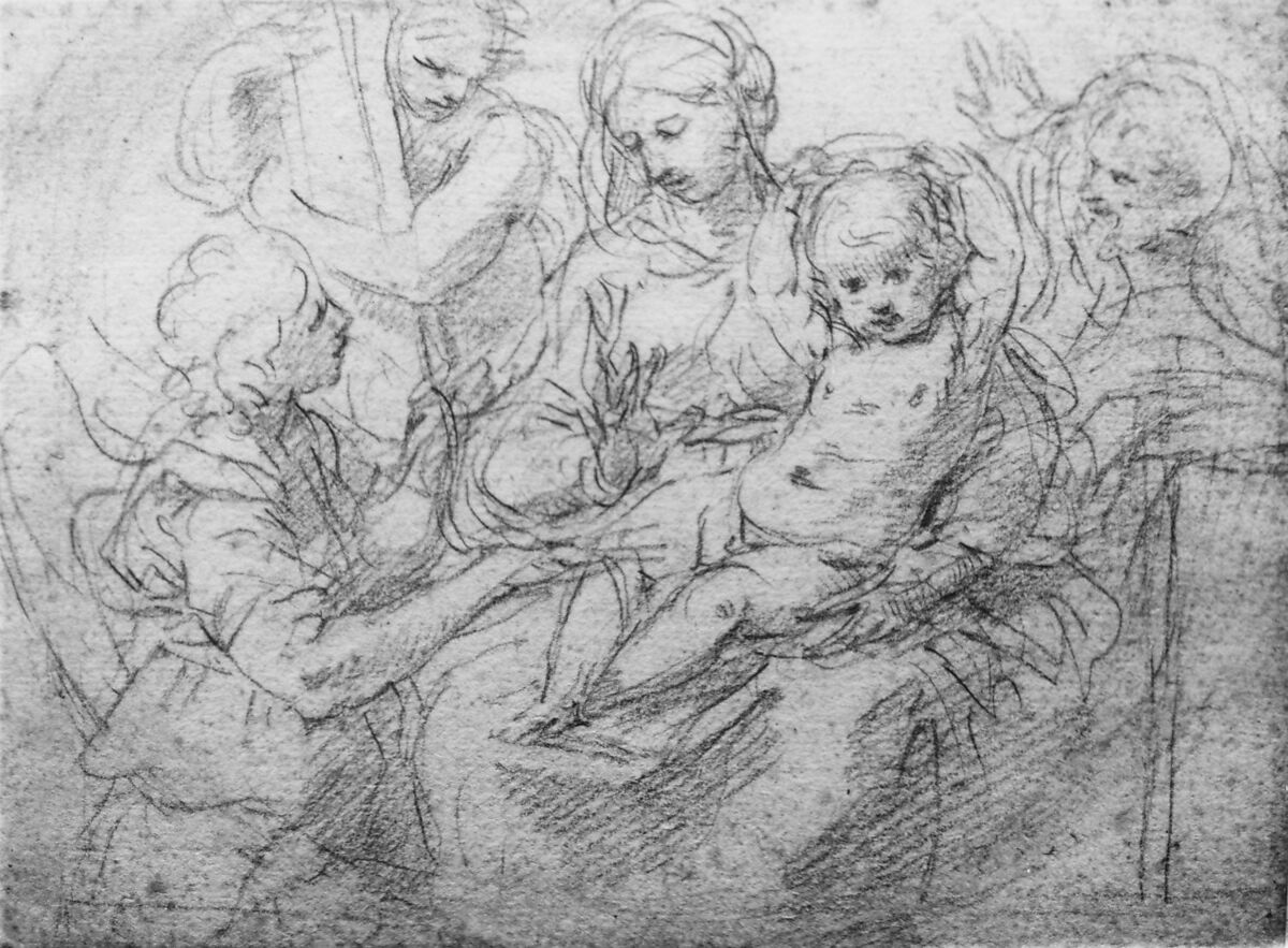 The Holy Family with Angels Bearing Symbols of the Passion, Simone Cantarini (Italian, Pesaro 1612–1648 Verona), Red chalk