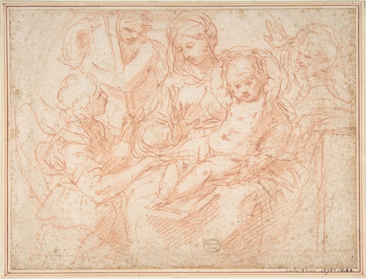The Holy Family with Angels Bearing Symbols of the Passion, Simone Cantarini (Italian, Pesaro 1612–1648 Verona), Red chalk 