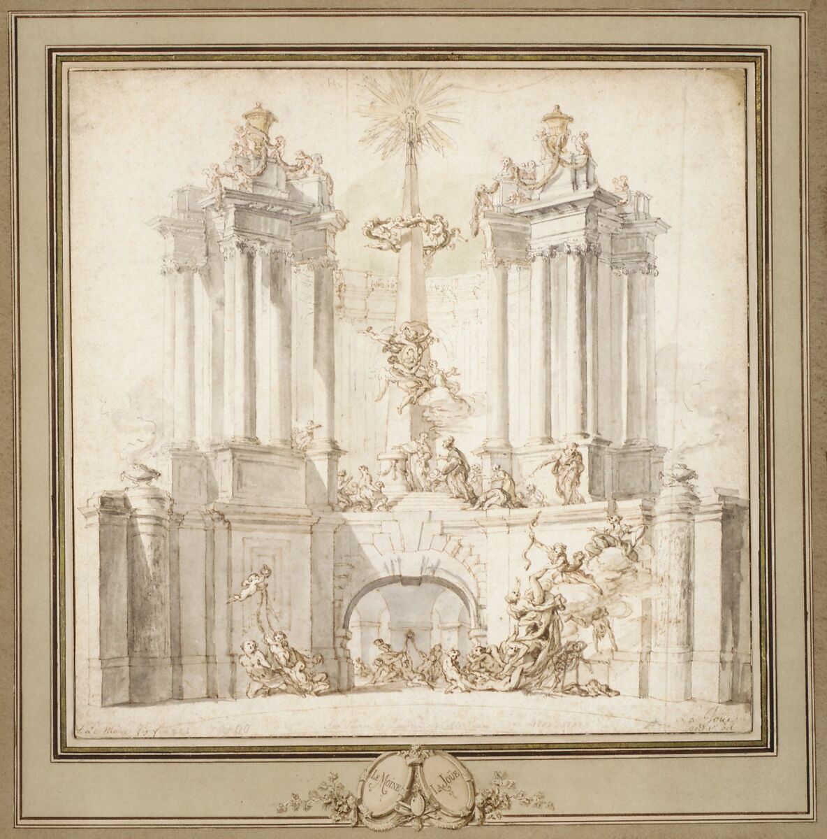 Fireworks Display for the Convalescence of Louis XV, Jacques de Lajoüe (French, Paris 1686–1761 Paris), Pen and gray and brown ink, brush and gray wash, with watercolor, over black chalk