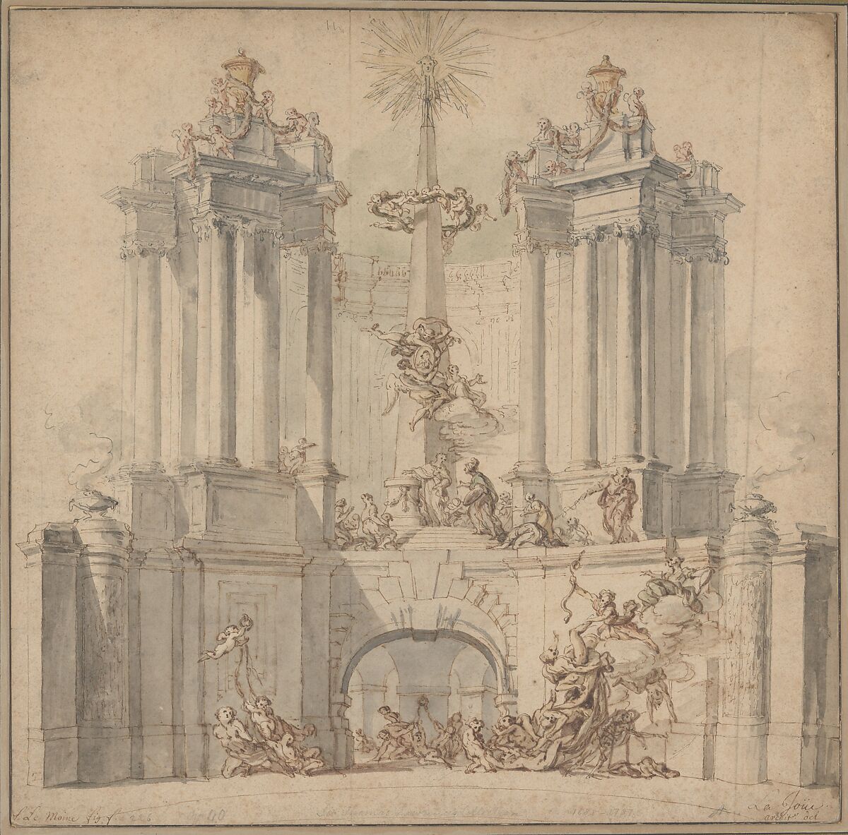 Fireworks Display for the Convalescence of Louis XV, Jacques de Lajoüe (French, Paris 1686–1761 Paris), Pen and gray and brown ink, brush and gray wash, with watercolor, over black chalk 