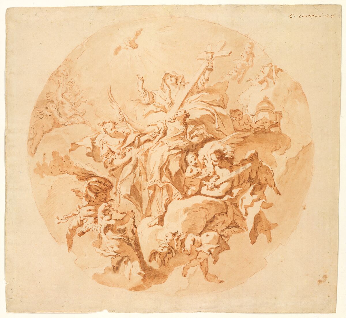 Saint Lucy in Glory, Carlo Innocenzo Carloni (Italian, Scaria 1686–1775 Scaria), Brush and red and brown wash, over red chalk