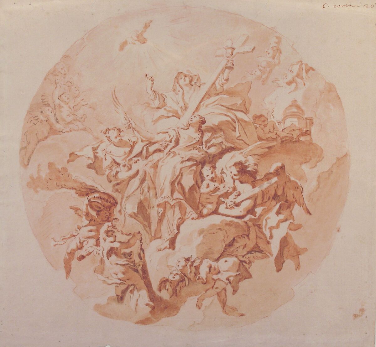Saint Lucy in Glory, Carlo Innocenzo Carloni (Italian, Scaria 1686–1775 Scaria), Brush and red and brown wash, over red chalk