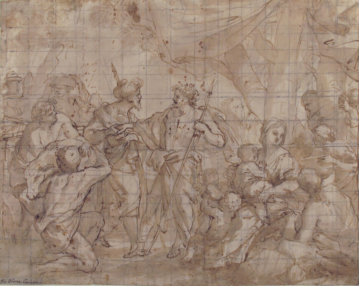Old Testament Scene, Giovanni Andrea Carlone (Italian, Genoa 1639–1697 Genoa), Pen and brown ink, brush and brown wash, over black chalk; squared in black chalk